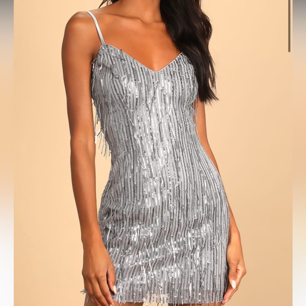 Lulu’s Party Favorite Grey Sequin Fringe Bodycon Mini Dress